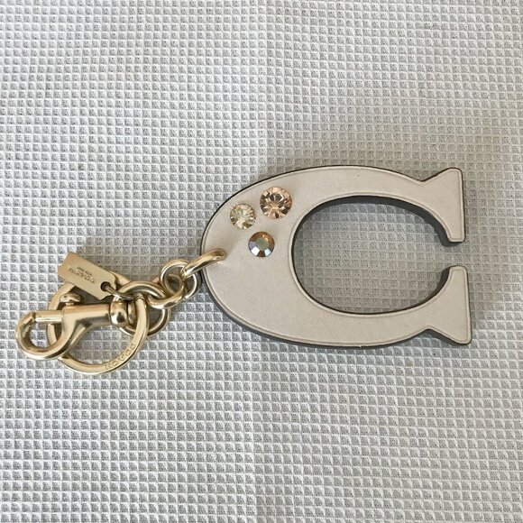 Coach Cream / Beige Leather C Keychain, Gold tone metal, Rhinestone Gem Accents - Picture 2 of 6